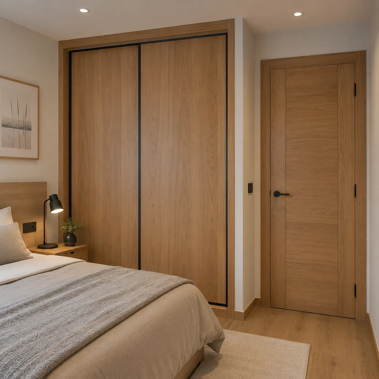 Dormitorio moderno con puerta de madera y armario empotrado de madera instalados con acabados de alta calidad.