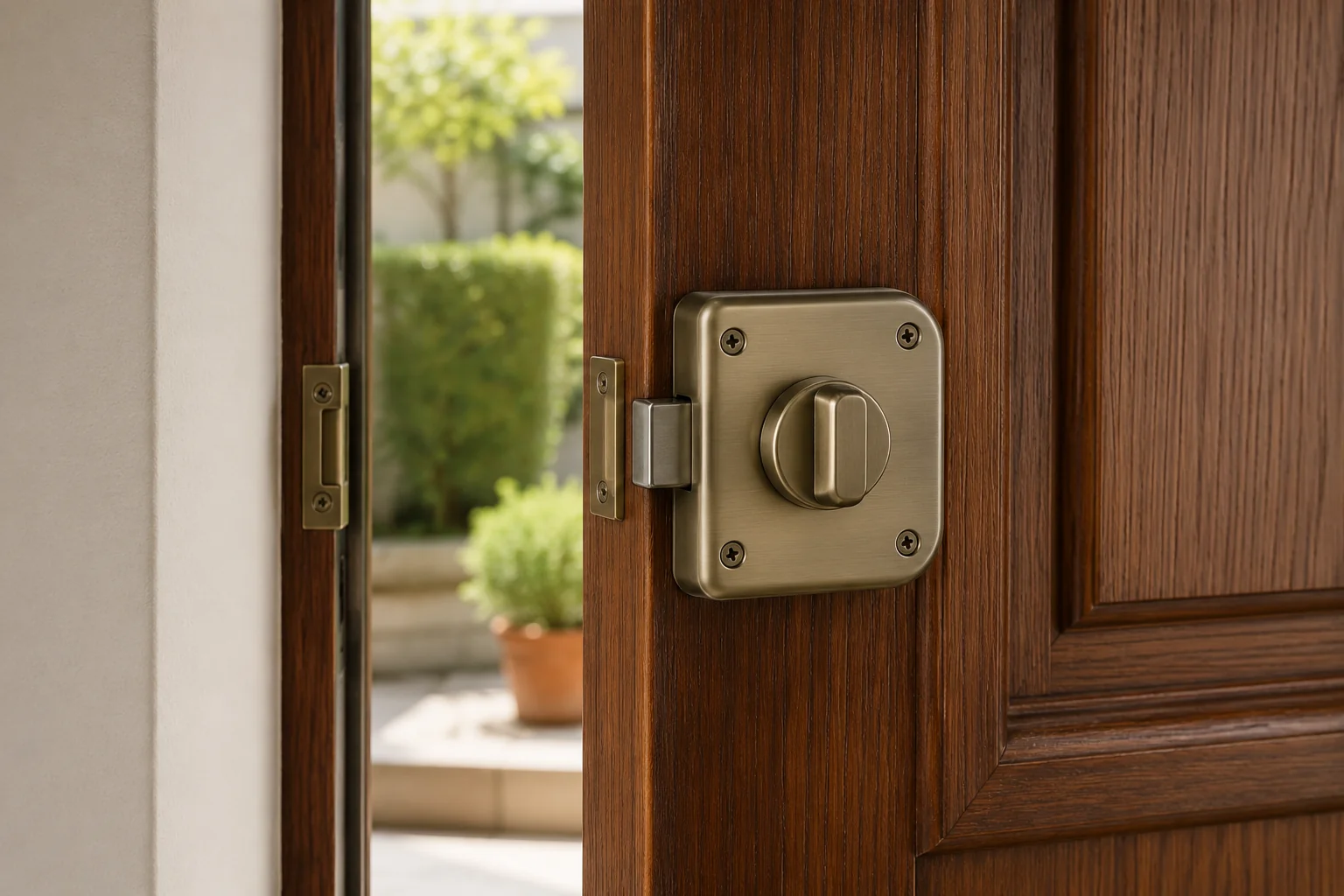 Puerta exterior de madera con cerrojo de sobreponer y herrajes instalados como parte de un servicio de cerrajería básica.