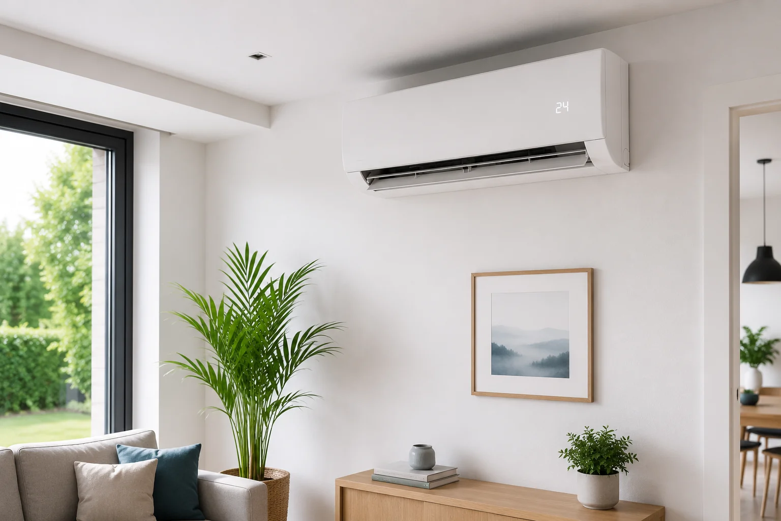 Equipo de aire acondicionado tipo split instalado en una vivienda moderna.