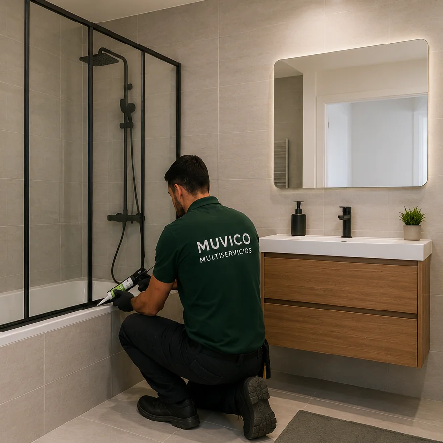 Técnico de Muvico realizando el sellado final de un mueble de baño y una mampara tras su instalación.