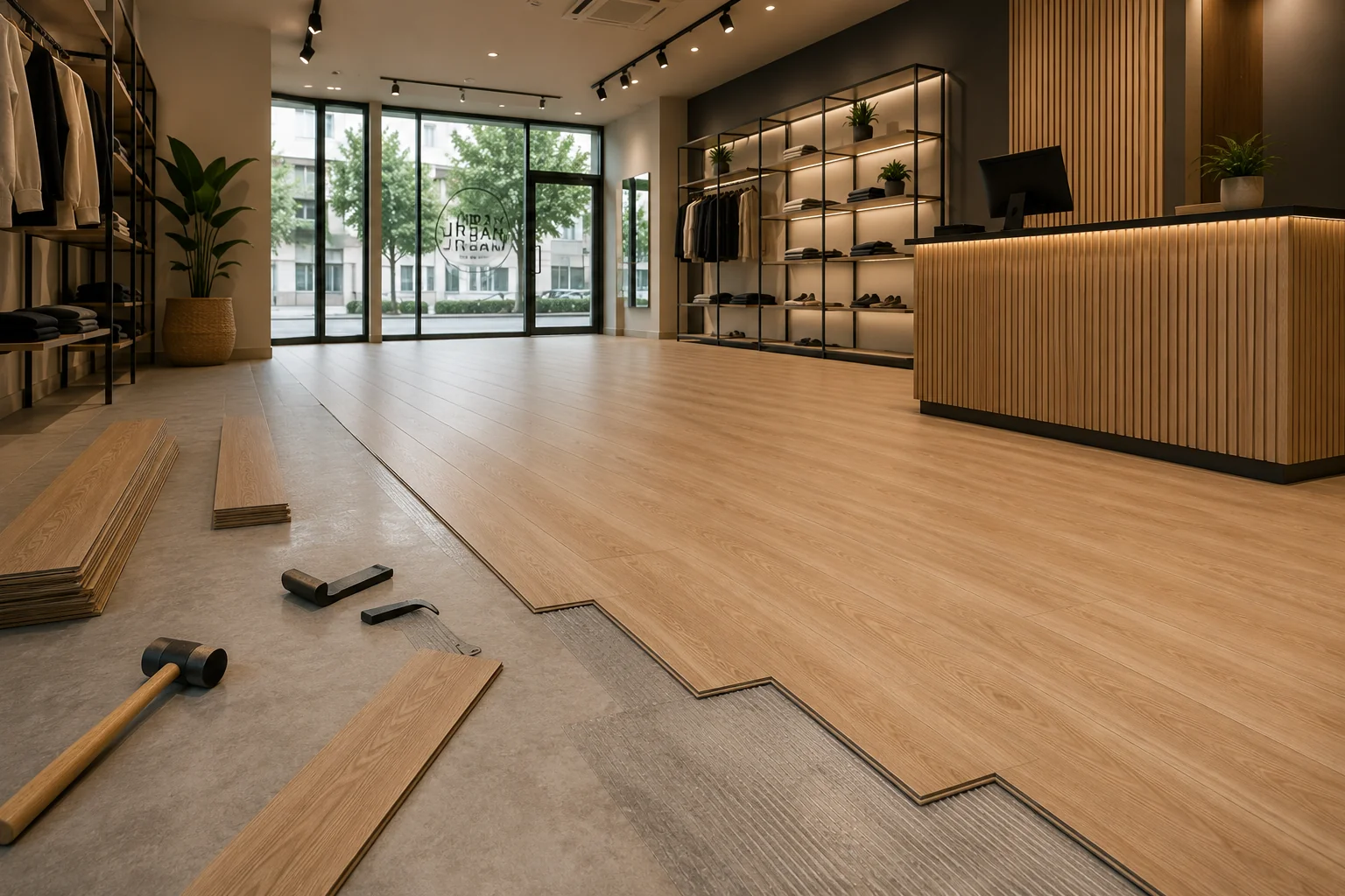Instalación de suelo SPC de efecto madera en una tienda de ropa durante un proyecto de montaje y acondicionamiento del local.