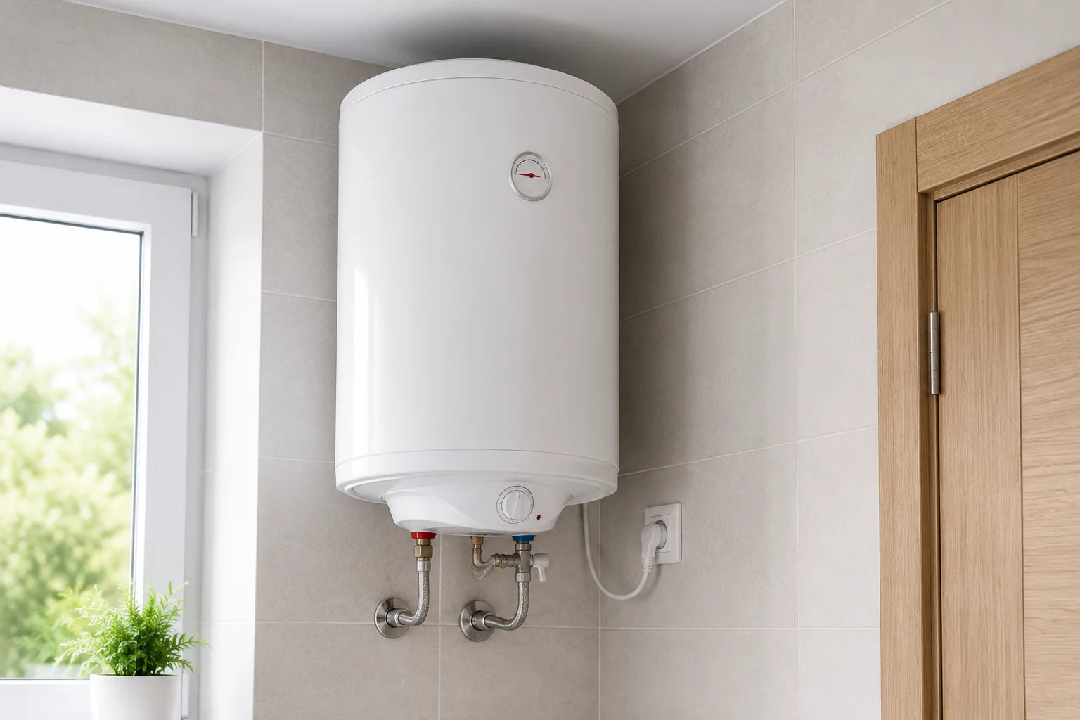 Termo eléctrico instalado en una vivienda con conexiones de agua y acabado profesional.