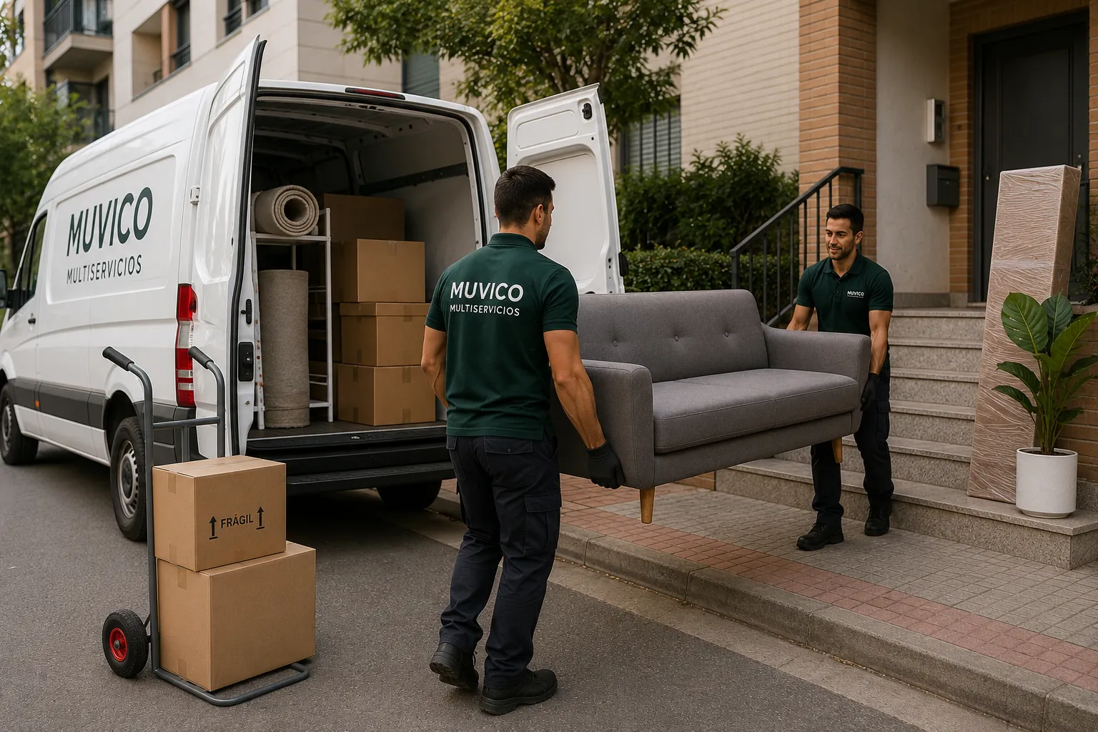 Dos operarios de Muvico Multiservicios realizando el traslado de un sofá durante una mudanza en una vivienda.