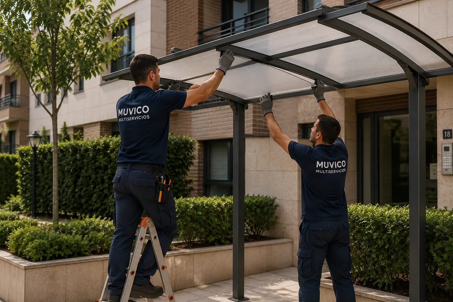 Dos operarios de Muvico Multiservicios reparando los paneles translúcidos de una marquesina en la entrada de una comunidad de propietarios.
